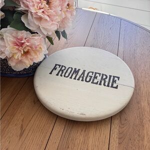 Shabby Chic round board painted with French cheese Fromagerie.